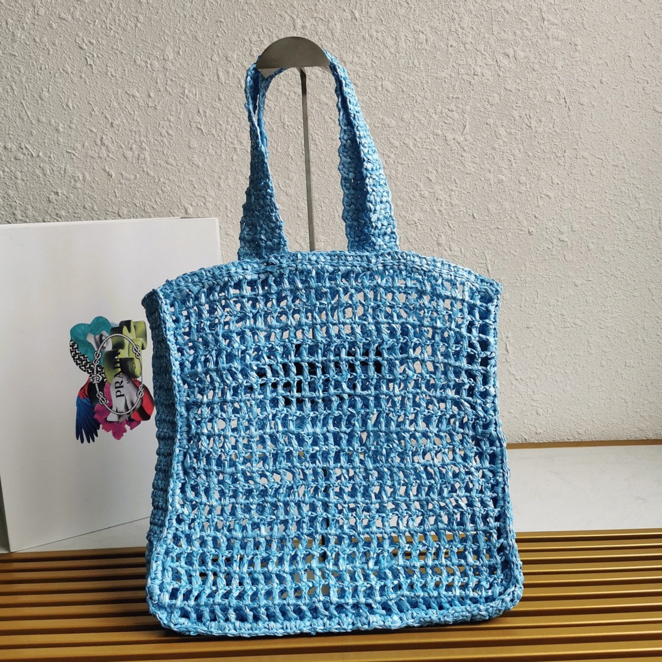 Prada Small Tote Bag Knockoff in Blue Woven Raffia