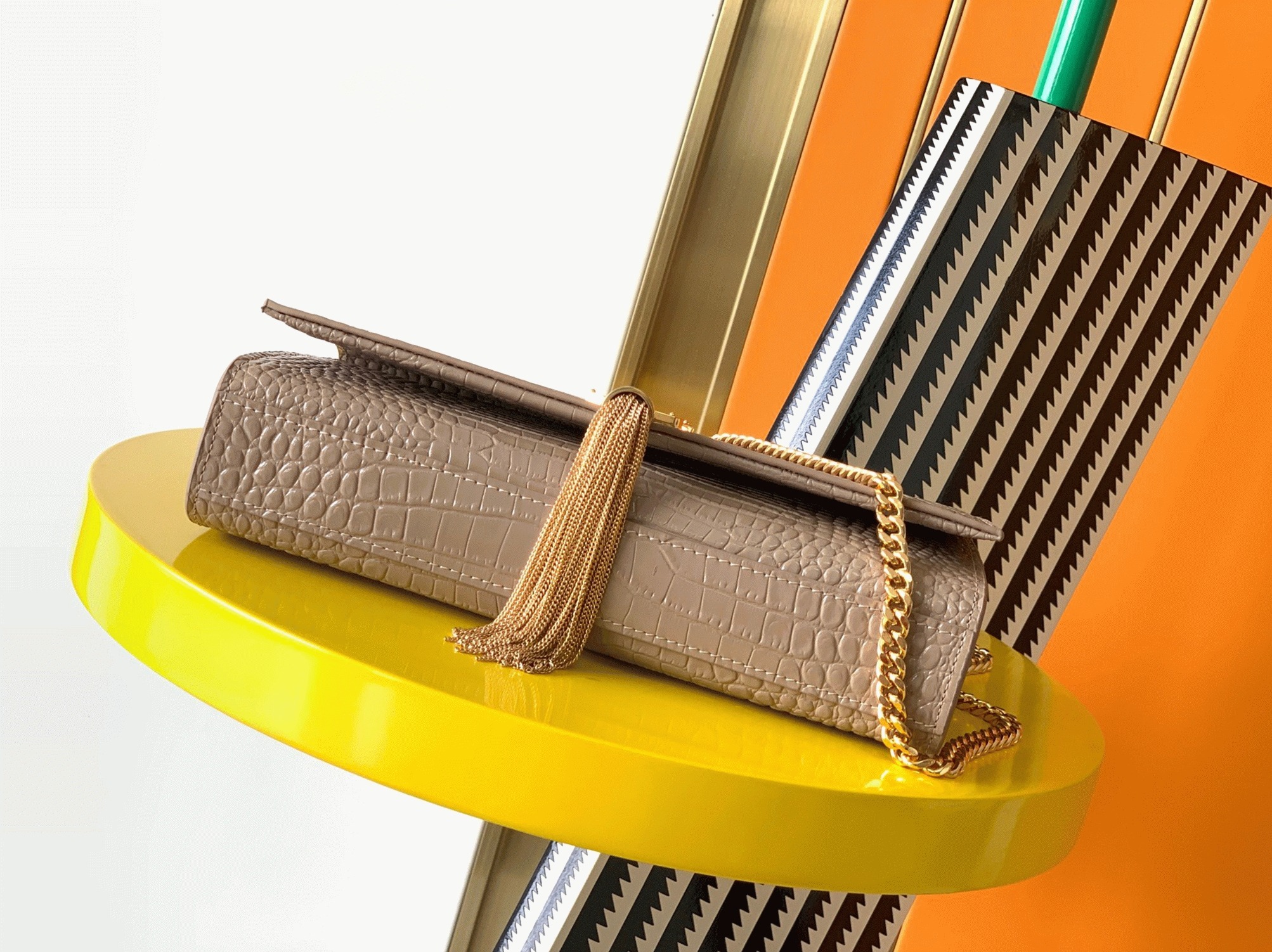 Fake Saint Laurent Kate Medium Tassel Bag Beige Crocodile-embossed Leather