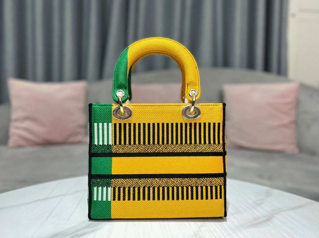 Dior Lady D-Lite Medium Bag Fake in Yellow   Green D-Flower Pop Embroidery
