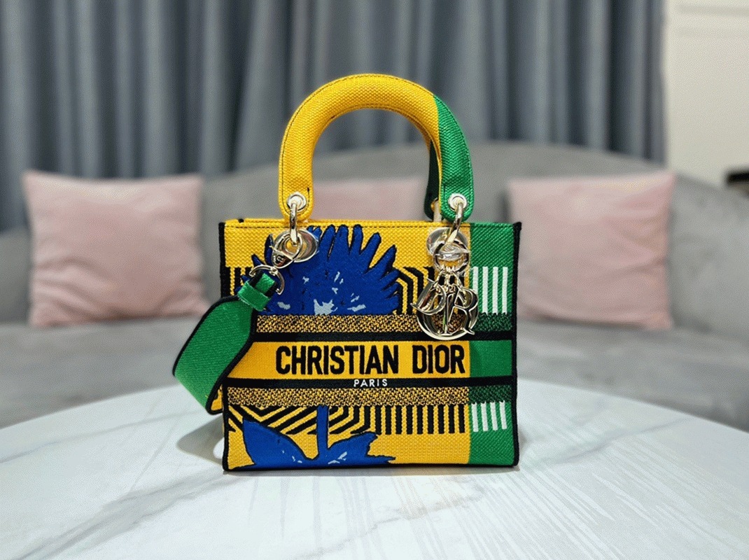 Dior Lady D-Lite Medium Bag Fake in Yellow   Green D-Flower Pop Embroidery