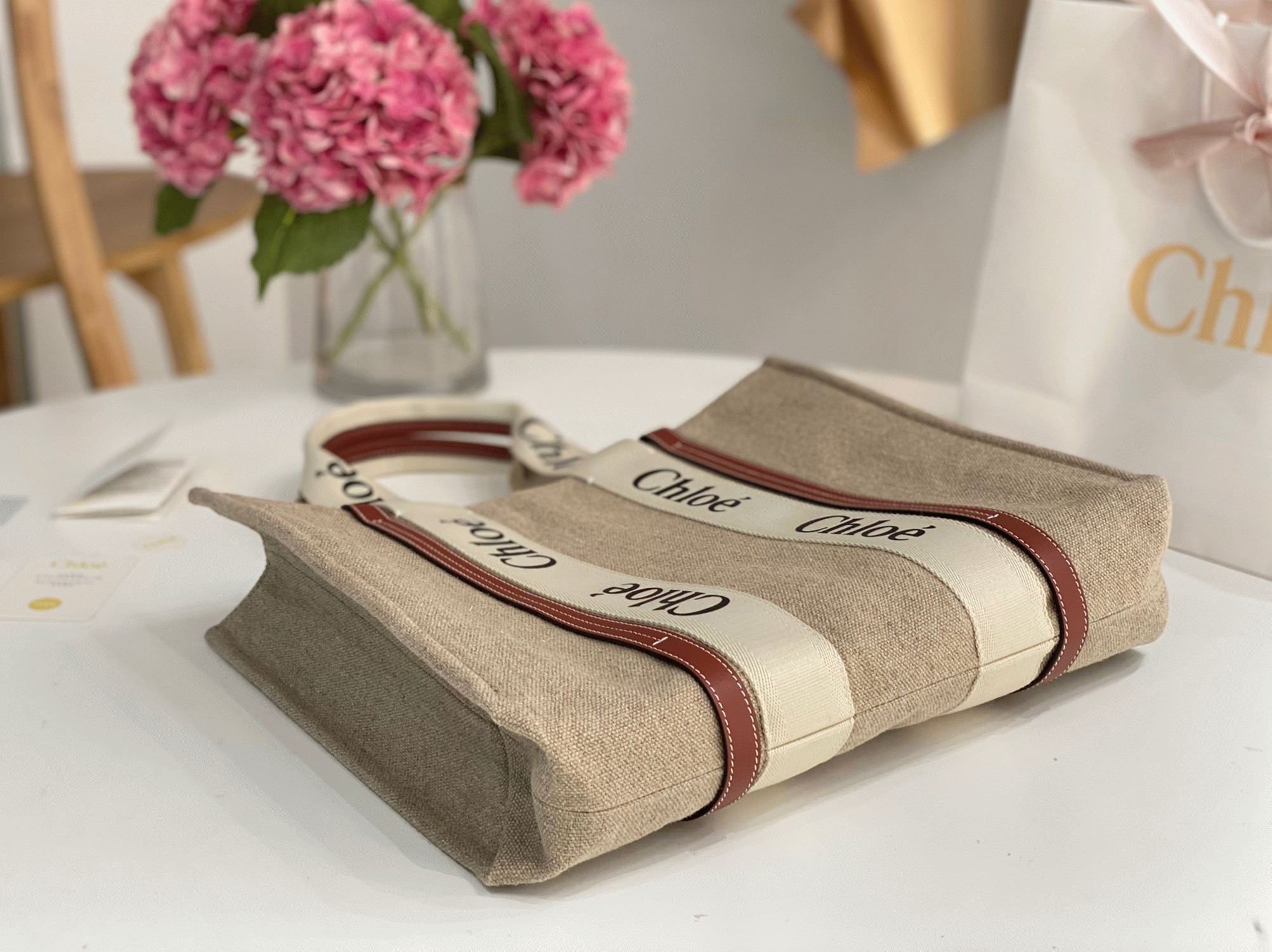 Top Quality Fake Chloe Medium Woody Tote Bag in Canvas with Tan Leather Strips