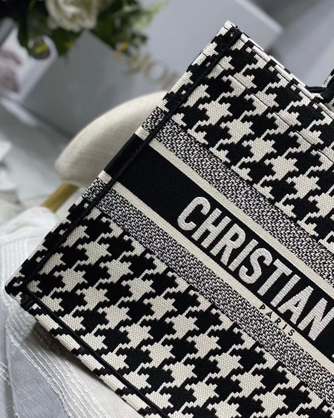 Dior Medium Book Tote Bag Replica in Black Houndstooth Embroidery