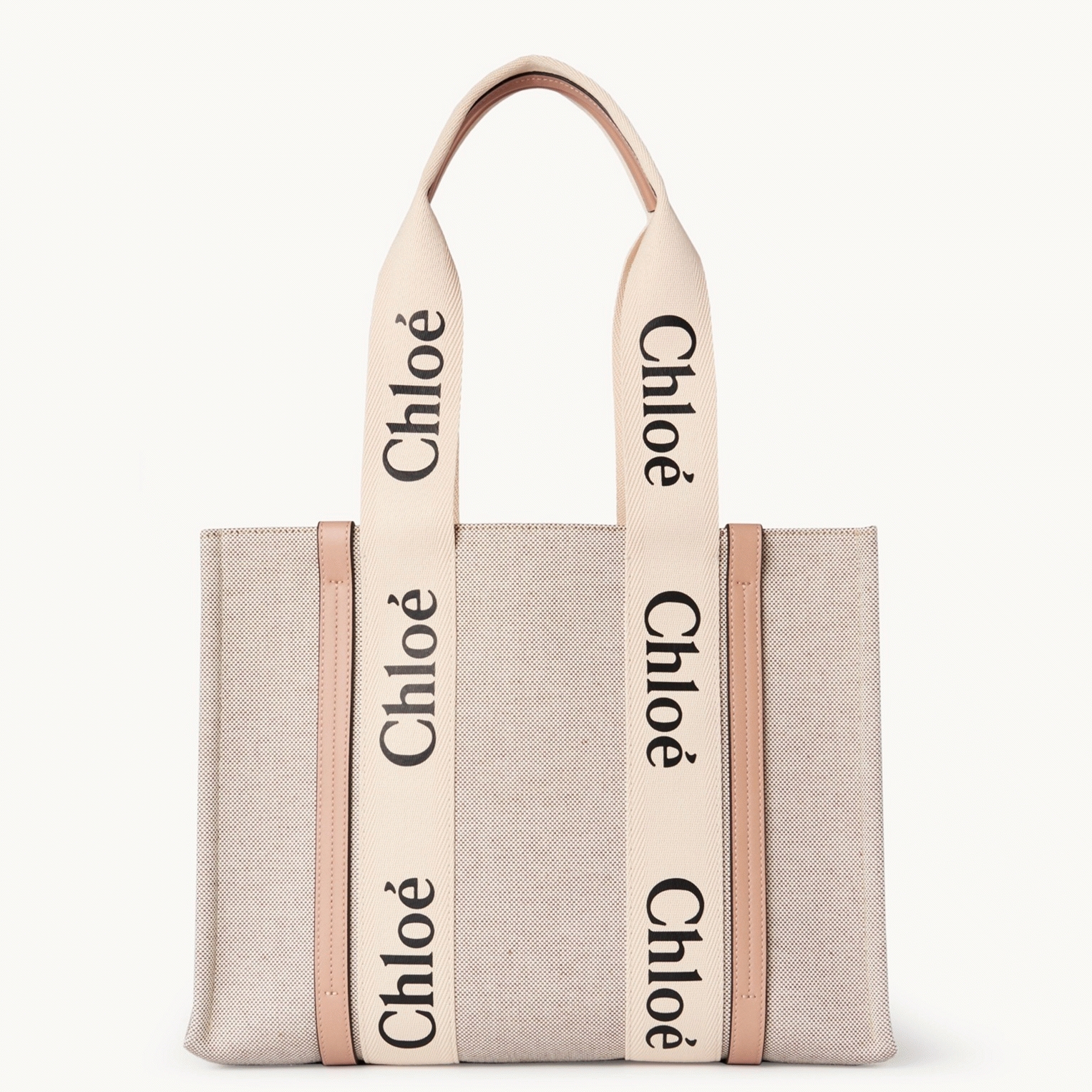 Top Quality Replica Chloe Medium Woody Tote Bag in Canvas with Beige Leather Strips