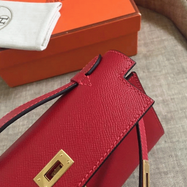 Rouge Vif Epsom Fake Hermes Kelly Pochette Red Bold Clutch