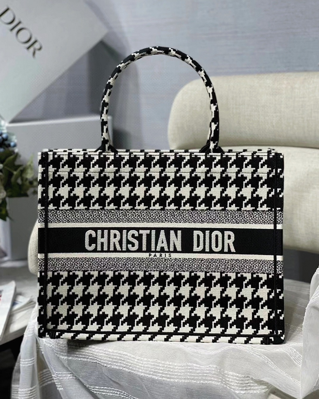 Dior Medium Book Tote Bag Replica in Black Houndstooth Embroidery