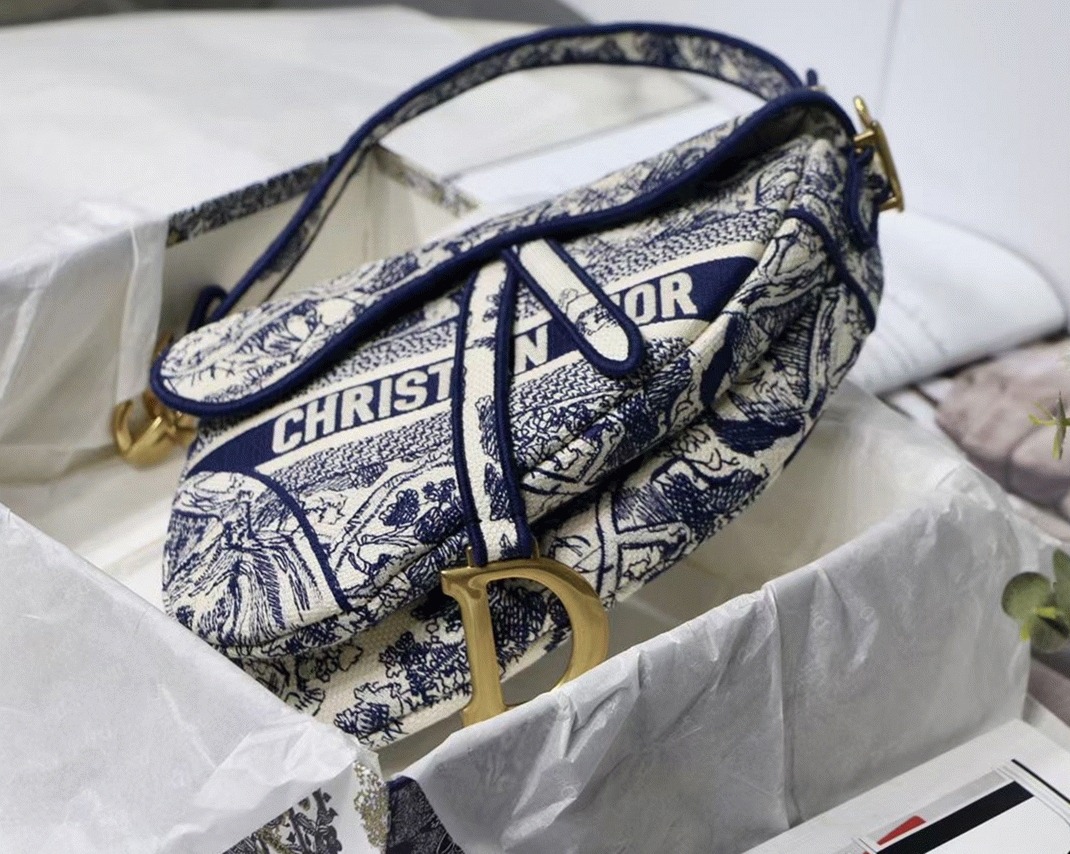 Dior Saddle Bag Replica in Blue Toile de Jouy Embroidery