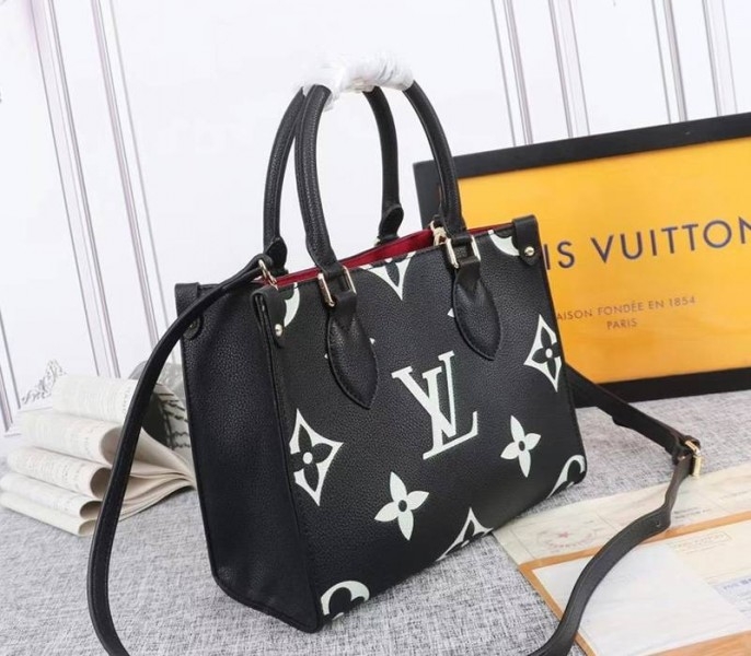 Louis Vuitton Bicolor Monogram Empreinte Leather Onthego PM Bag In Black And Beige