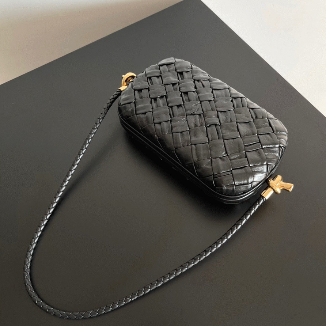 Replica Bottega Veneta Knot Minaudiere On Strap Black Foulard Intreccio Leather