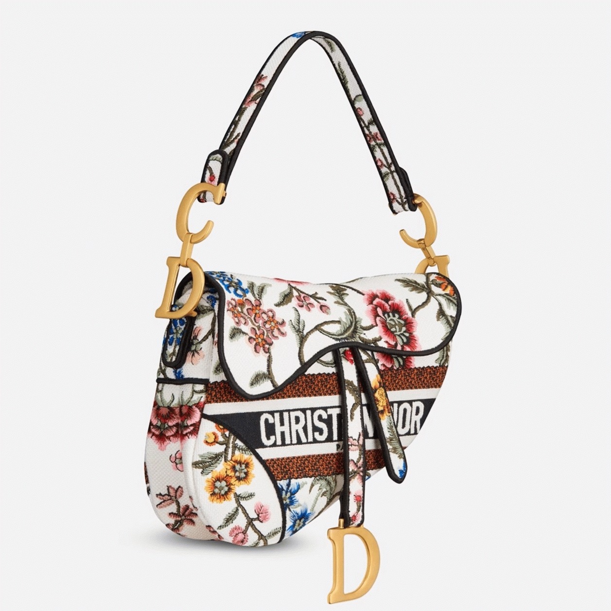Dior Saddle Bag Fake in White Multicolor Dior Petites Fleurs Embroidery