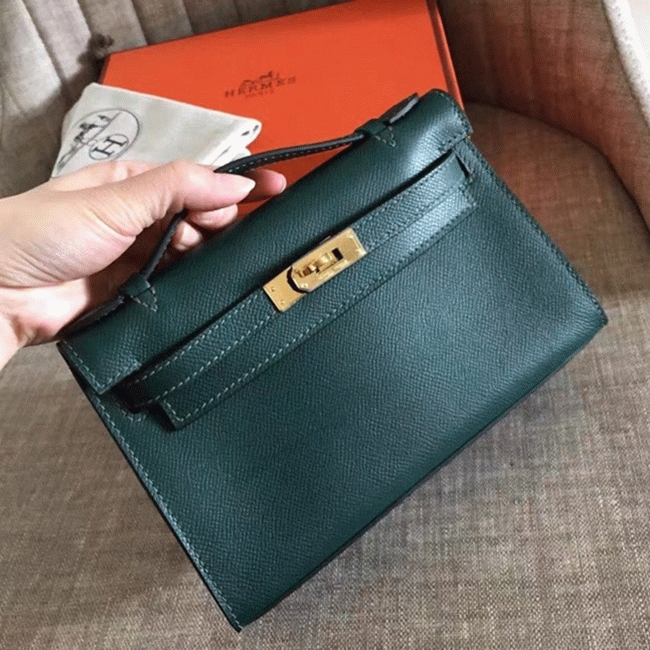 Malachite Epsom AAA Replica Hermes Kelly Pochette Green Toned Purse