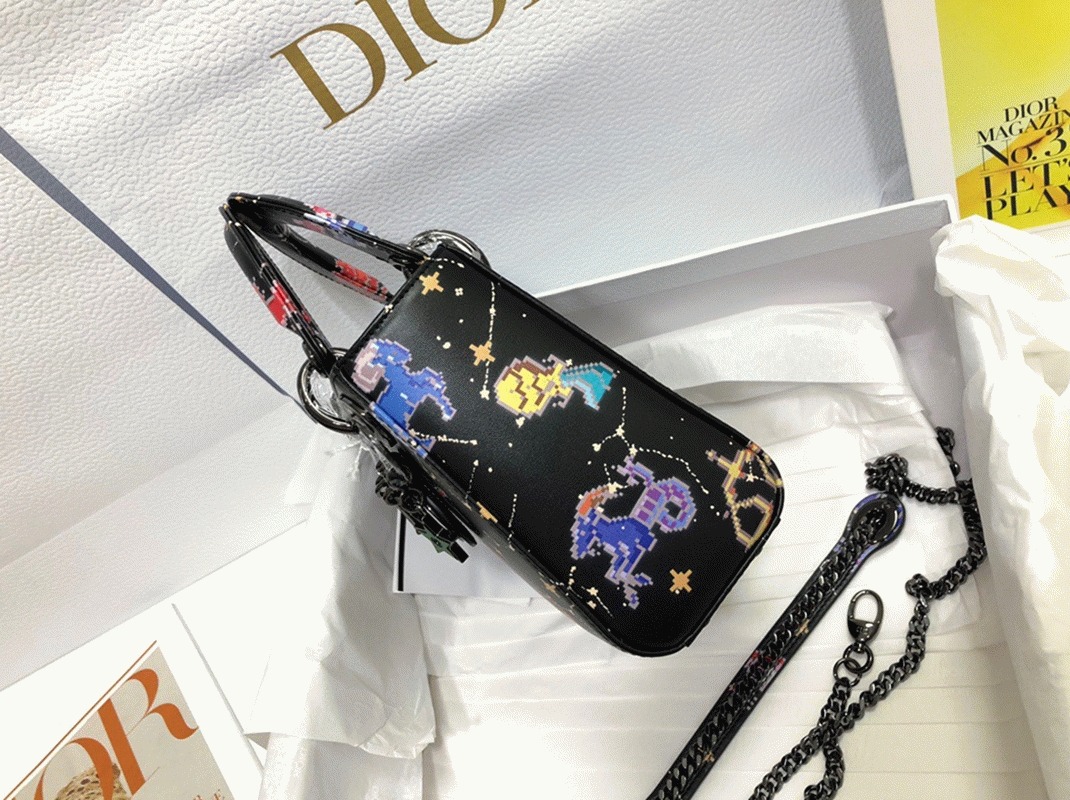 Dior Lady Dior Mini Bag Replica in Black Calfskin with Pixel Zodiac Print