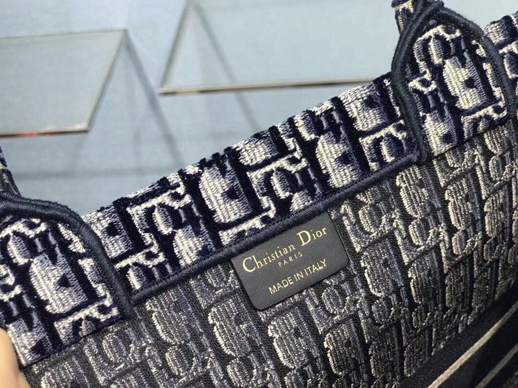 Dior Medium Book Tote Bag Knockoff in Blue Velvet Oblique Embroidered