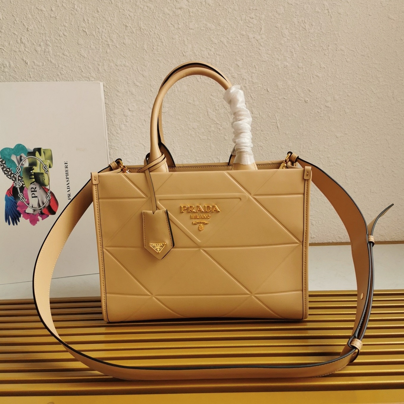 Prada Symbole Small Bag Imitation with Topstitching in Beige