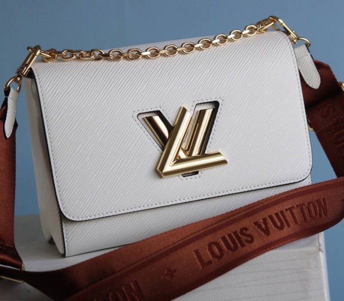 Louis Vuitton Epi Leather Twist MM Bag In Optic White With Jacquard Strap