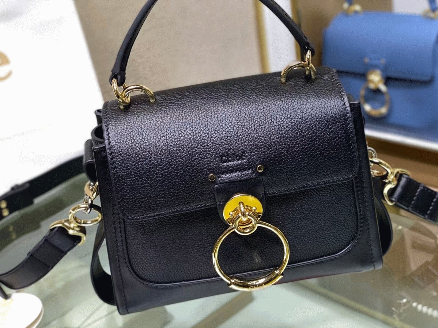 Top Quality Replica Chloe Mini Tess Day Bag In Black Grained Leather