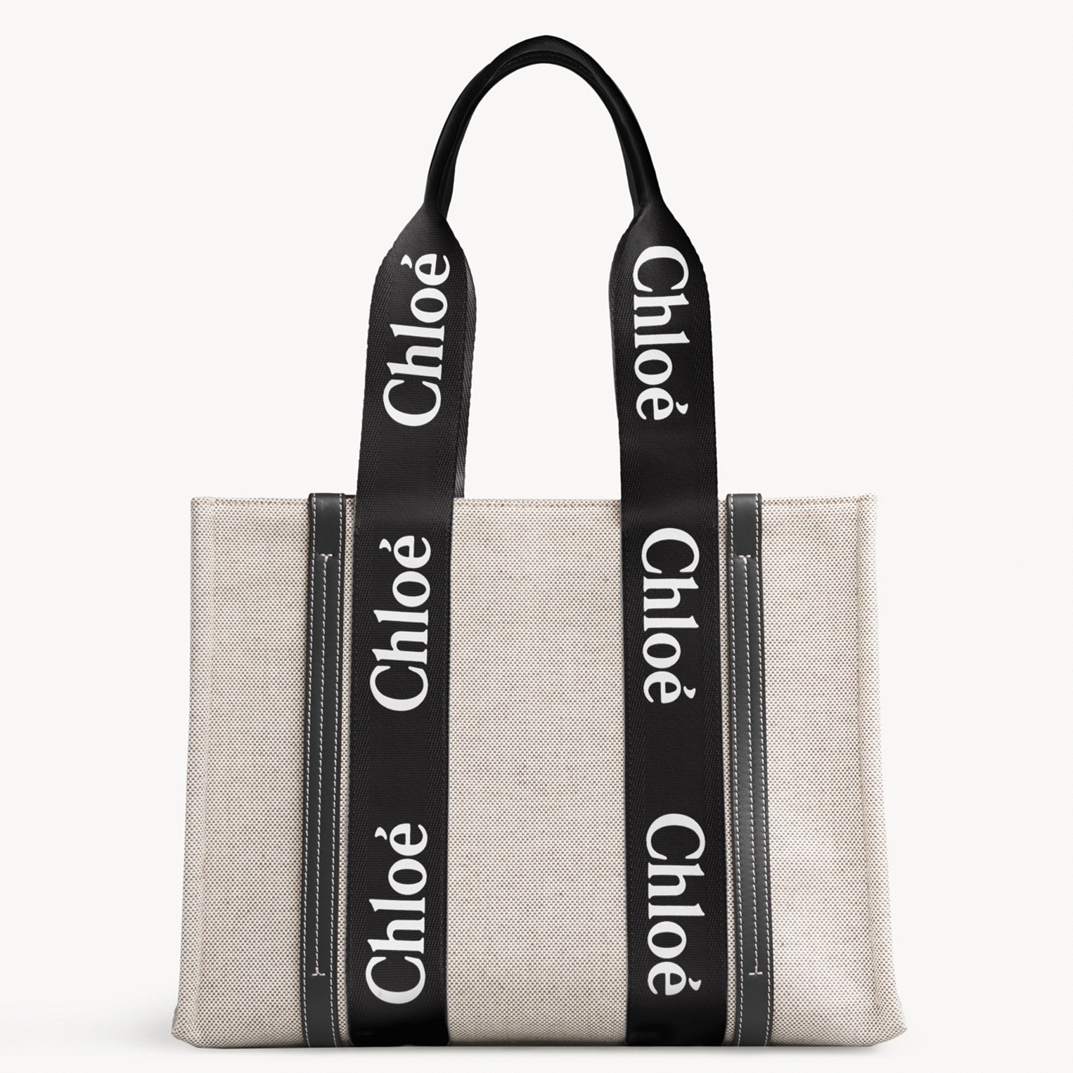 Top Quality Fake Chloe Large Woody Tote Bag in Canvas with Black Leather Strips