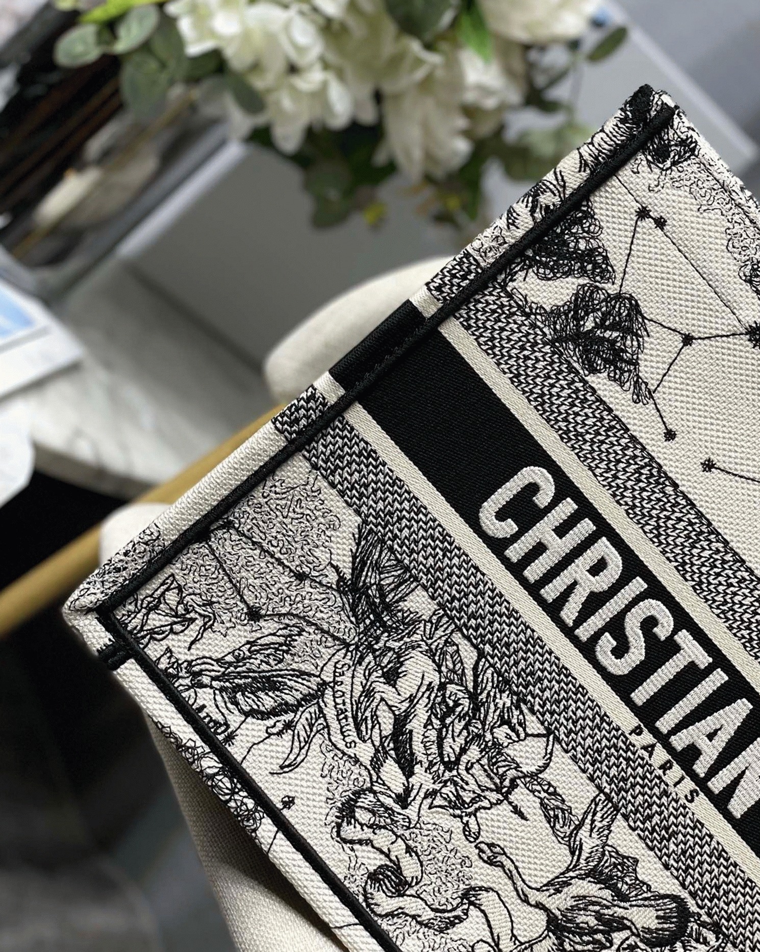 Dior Large Book Tote Bag Replica in White Toile de Jouy Zodiac Embroidery