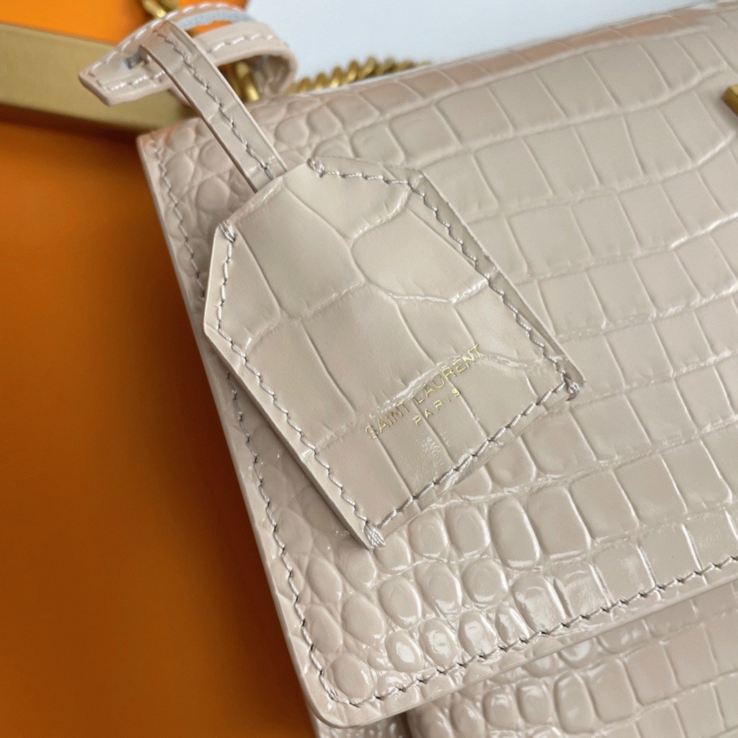 Fake Saint Laurent Sunset Medium Chain Bag Beige Crocodile-embossed Leather