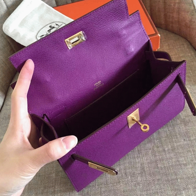 Cyclamen Epsom Knockoff Hermes Kelly Pochette Light Purple Clutch