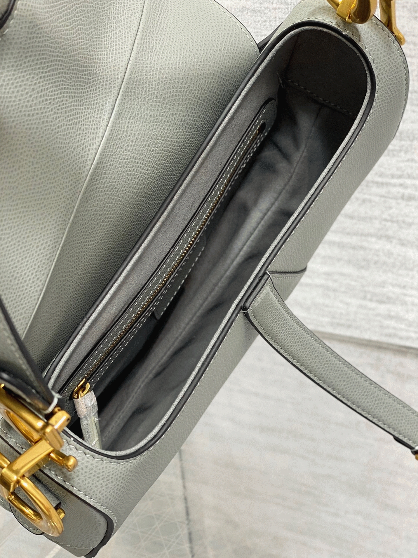 Dior Saddle Bag with Strap Fake in Grey Stone Grained Calfskin