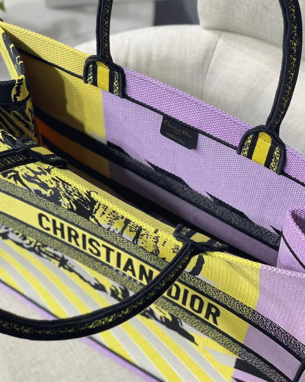 Dior Large Book Tote Bag Faux in Yellow D-Jungle Pop Embroidery
