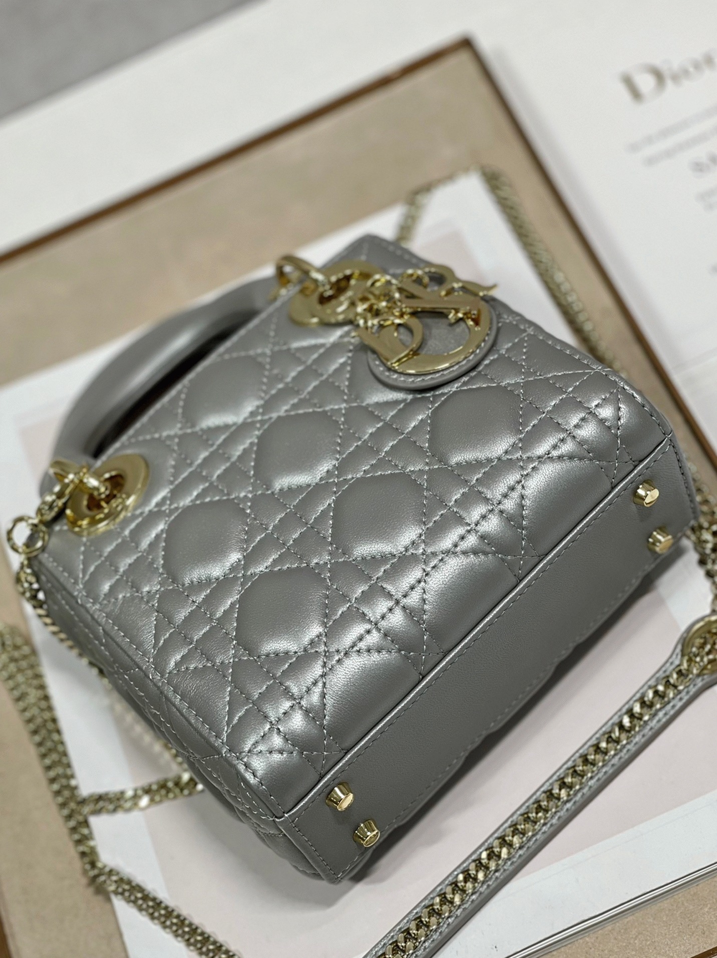 Dior Lady Dior Mini Chain Bag Replica in Grey Pearlescent Lambskin
