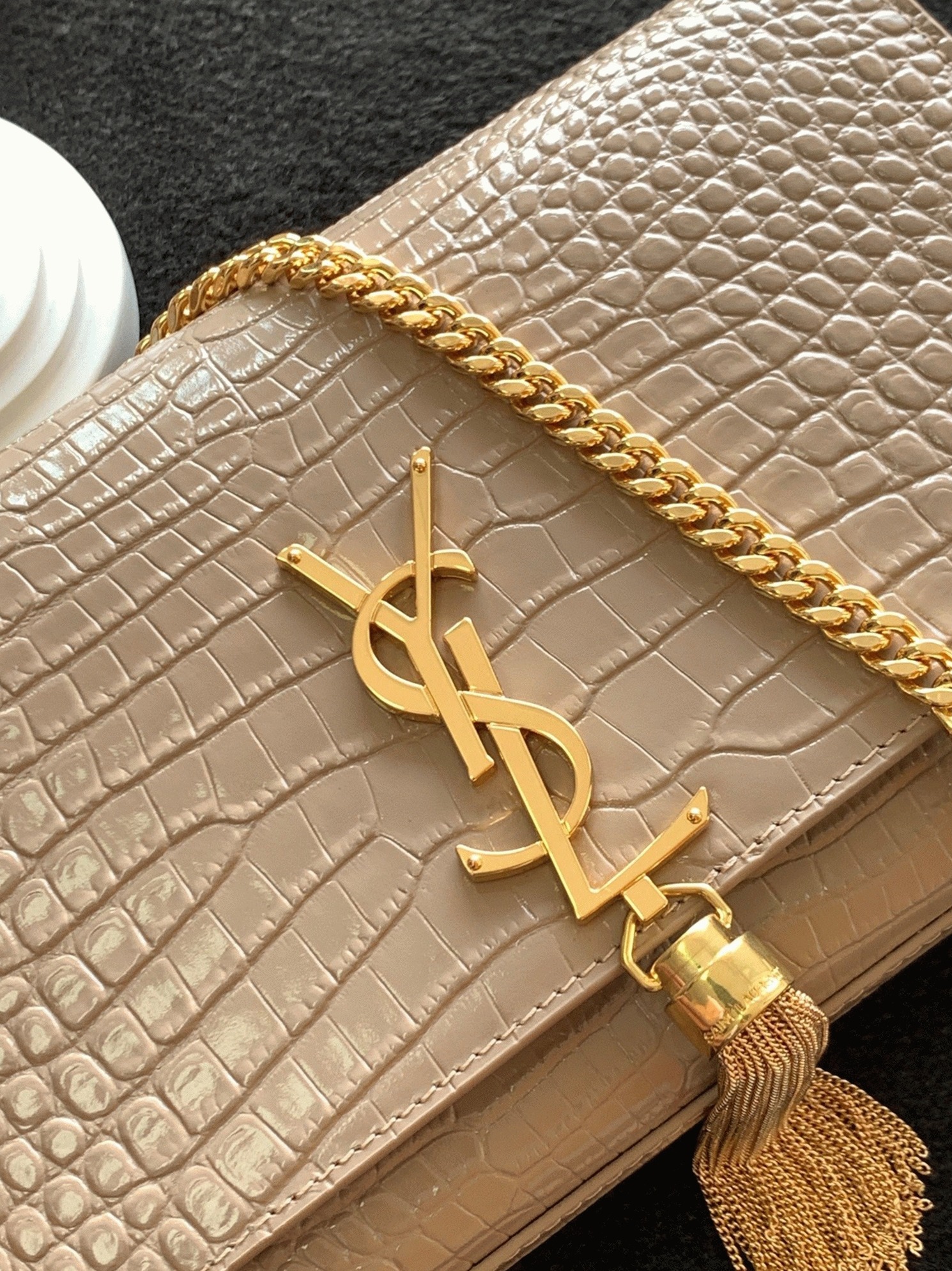 Fake Saint Laurent Kate Medium Tassel Bag Beige Crocodile-embossed Leather