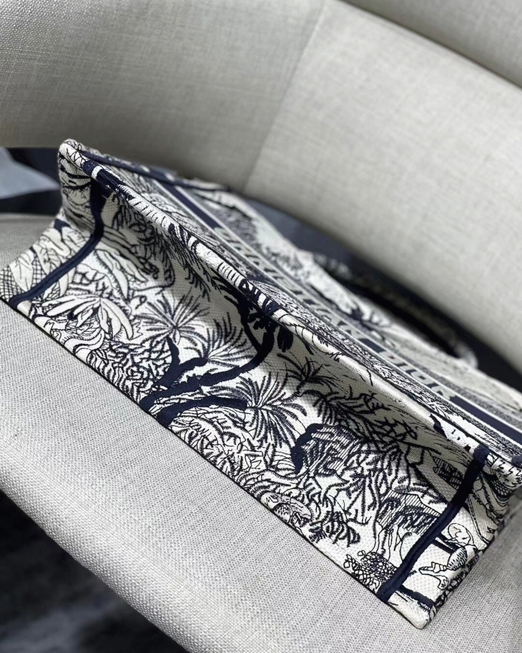 Dior Medium Book Tote Bag Fake in Blue Toile de Jouy Palms Embroidery