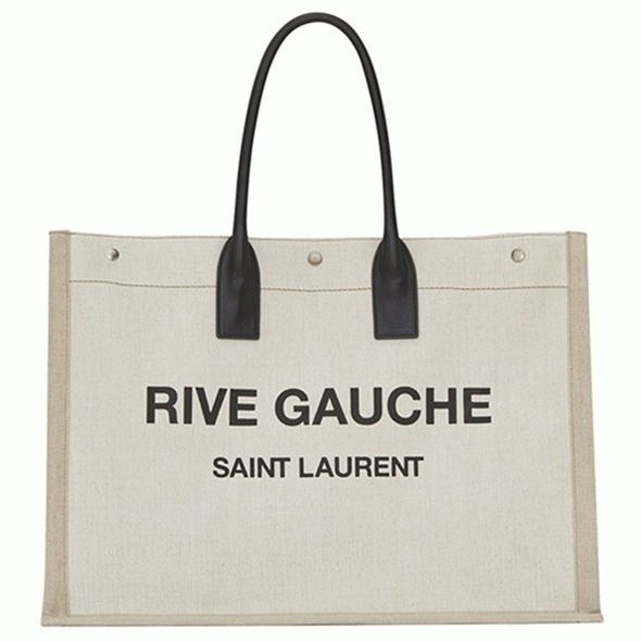 Knockoff Saint Laurent Rive Gauche Tote Bag White Linen and Black Leather