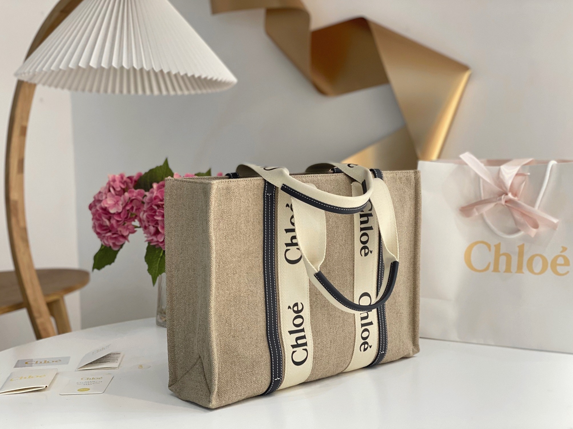 Top Quality Fake Chloe Woody Large Tote Bag in Linen Canvas with Navy Blue Leather
