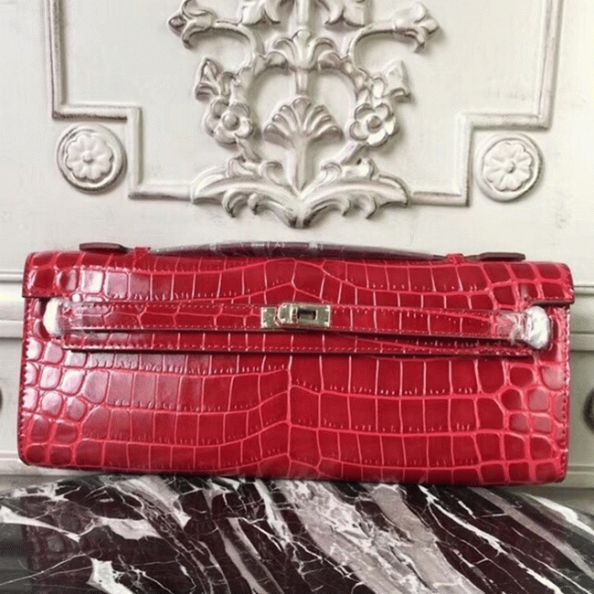 Red Crocodile Copy Hermes Kelly Cut Clutch Exotic Luxury Bag