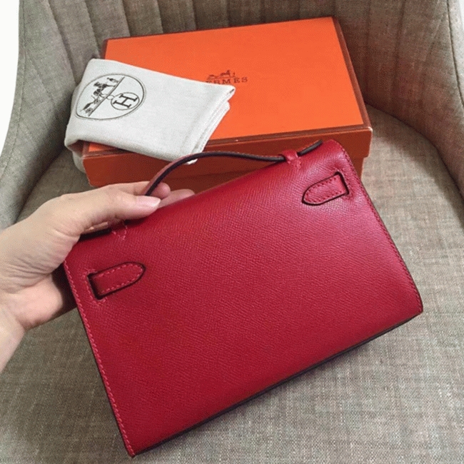 Rouge Vif Epsom Fake Hermes Kelly Pochette Red Bold Clutch