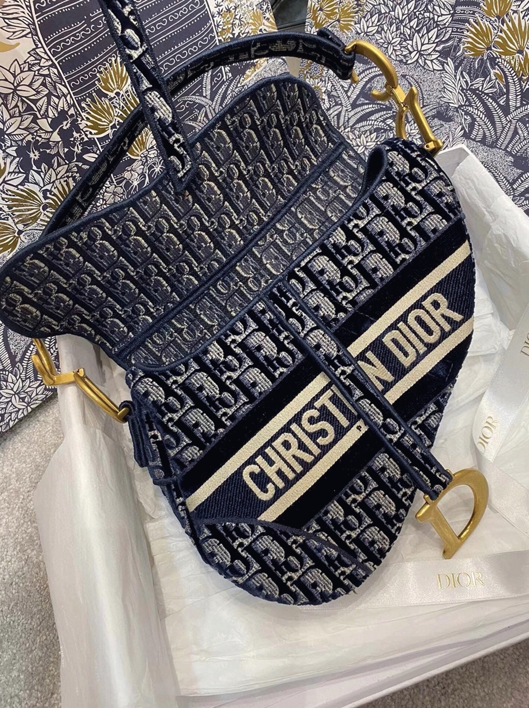 Dior Saddle Bag Knockoff in Blue Velvet Oblique Embroidered