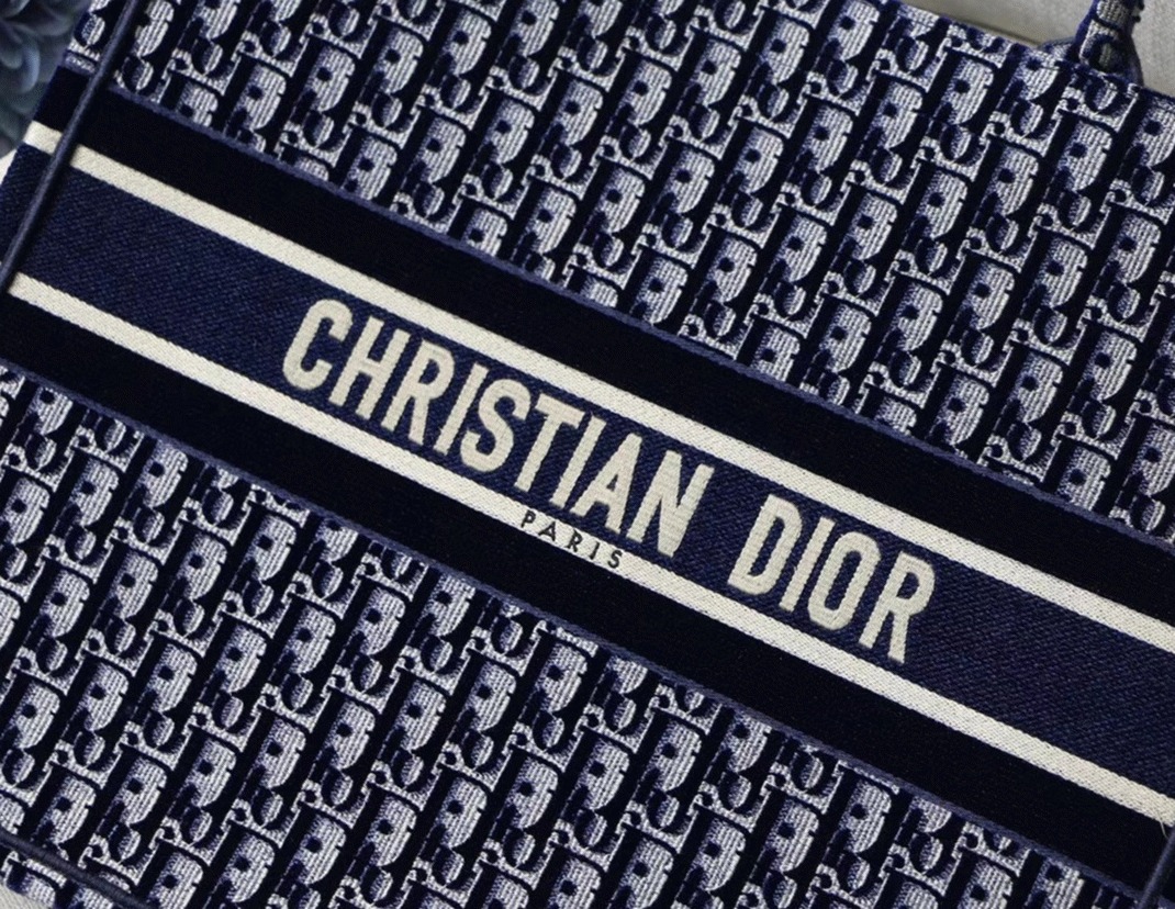 Dior Large Book Tote Bag Replica in Blue Oblique Embroidered Velvet