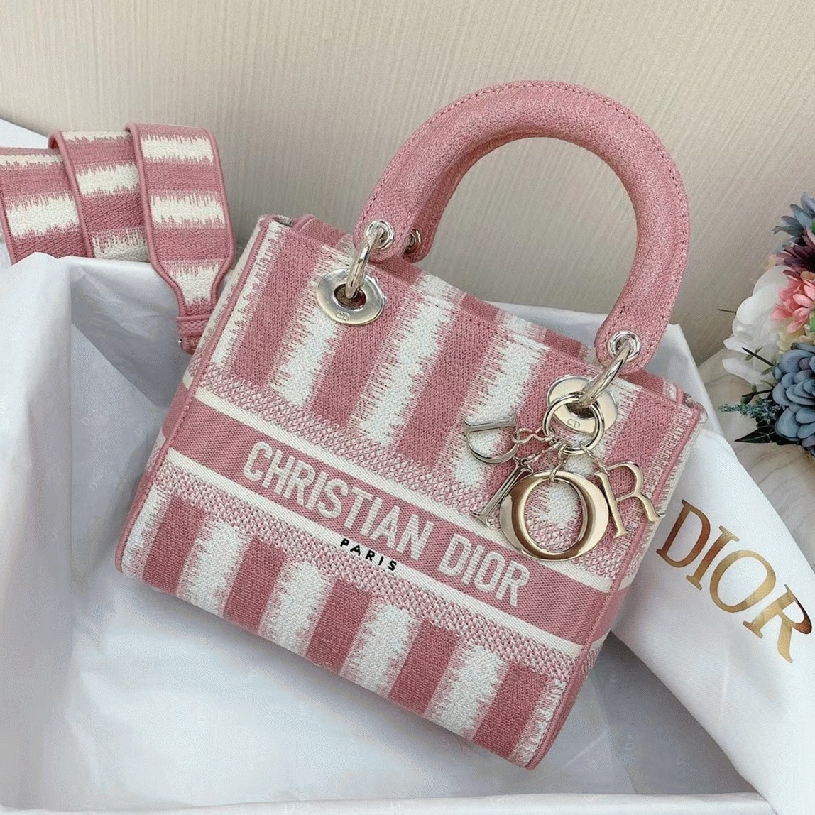 Dior Lady D-Lite Medium Bag Replica in Pink D-Stripes Embroidery
