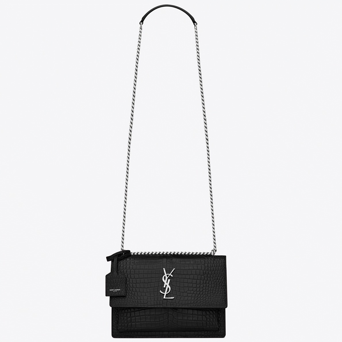 Fake Saint Laurent Sunset Medium Chain Bag Noir Crocodile-embossed Leather