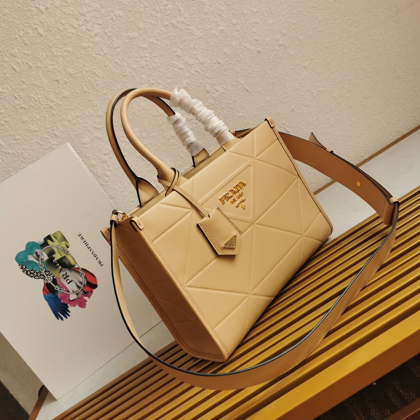 Prada Symbole Small Bag Imitation with Topstitching in Beige