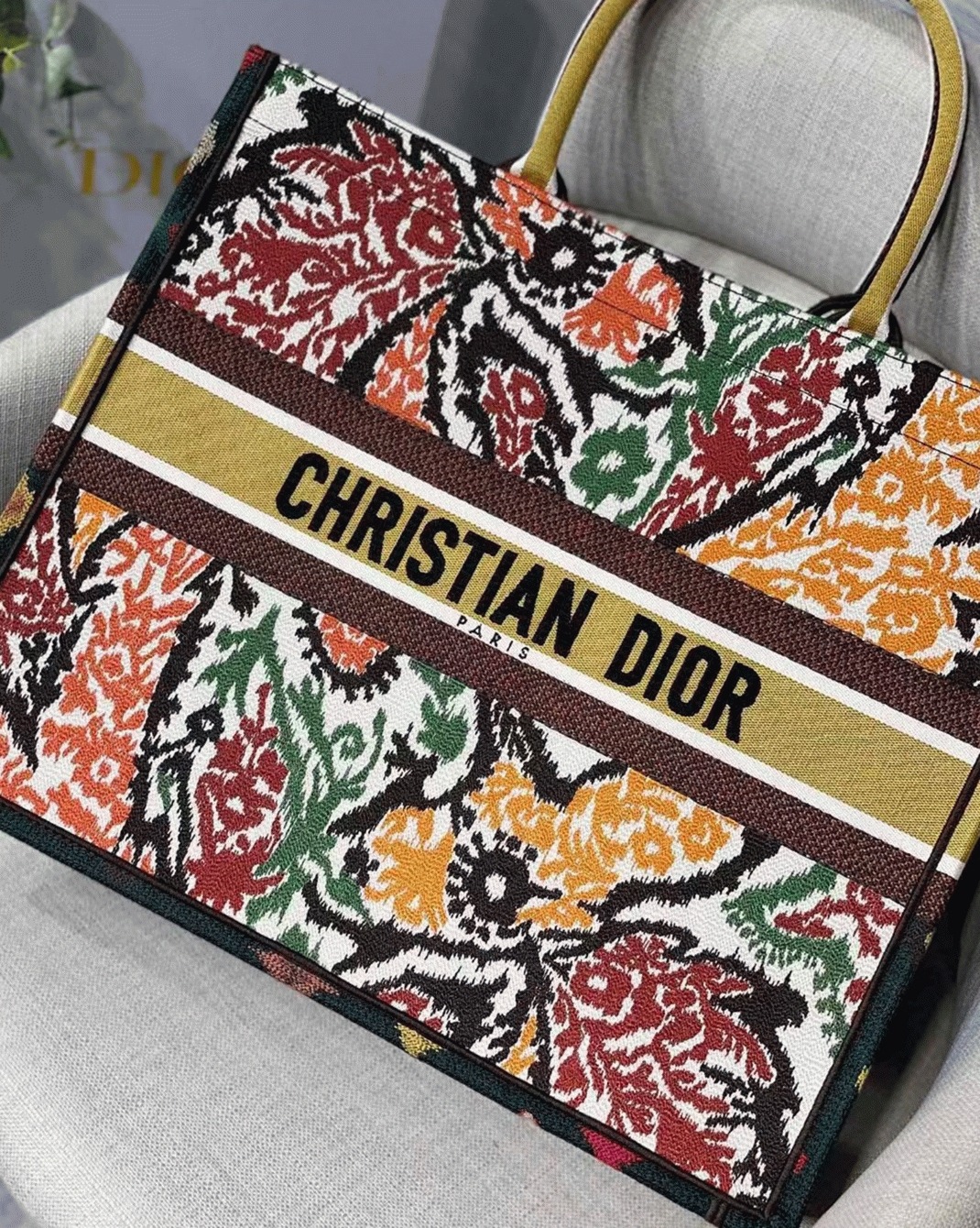 Dior Large Book Tote Bag Faux in Yellow Multicolor Dior Paisley Embroidery