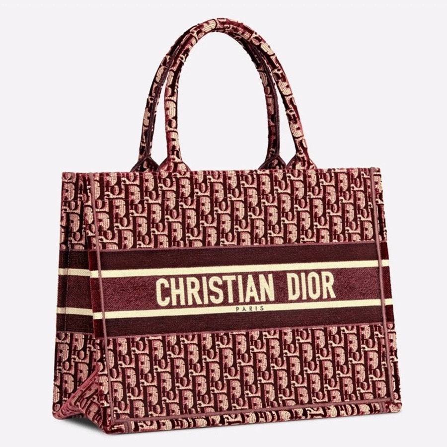 Dior Medium Book Tote Bag Replica in Bordeaux Velvet Oblique Embroidered