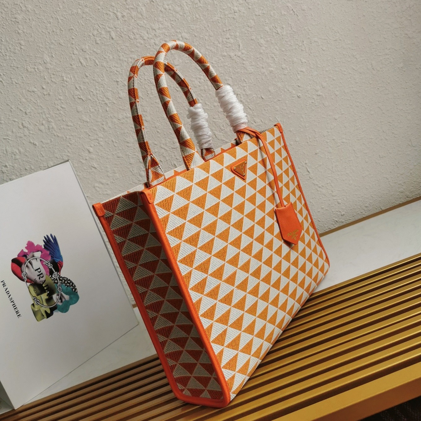 Prada Symbole Large Bag Imitation in Orange/White Jacquard Fabric