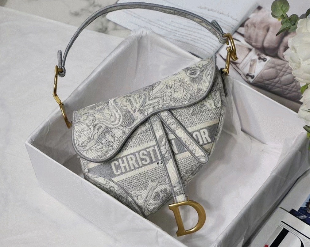 Dior Saddle Bag Fake in Grey Toile de Jouy Embroidery