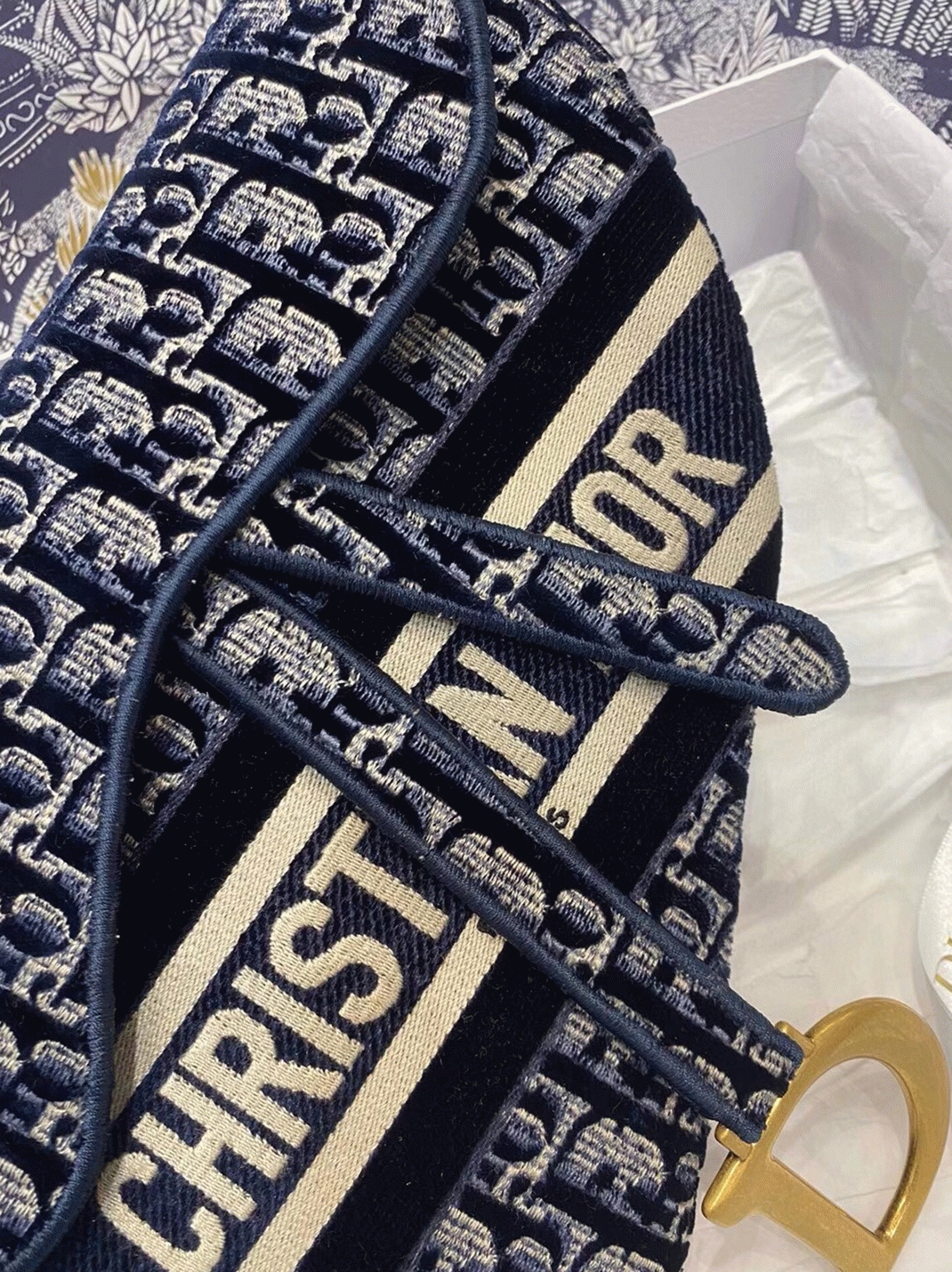 Dior Saddle Bag Knockoff in Blue Velvet Oblique Embroidered