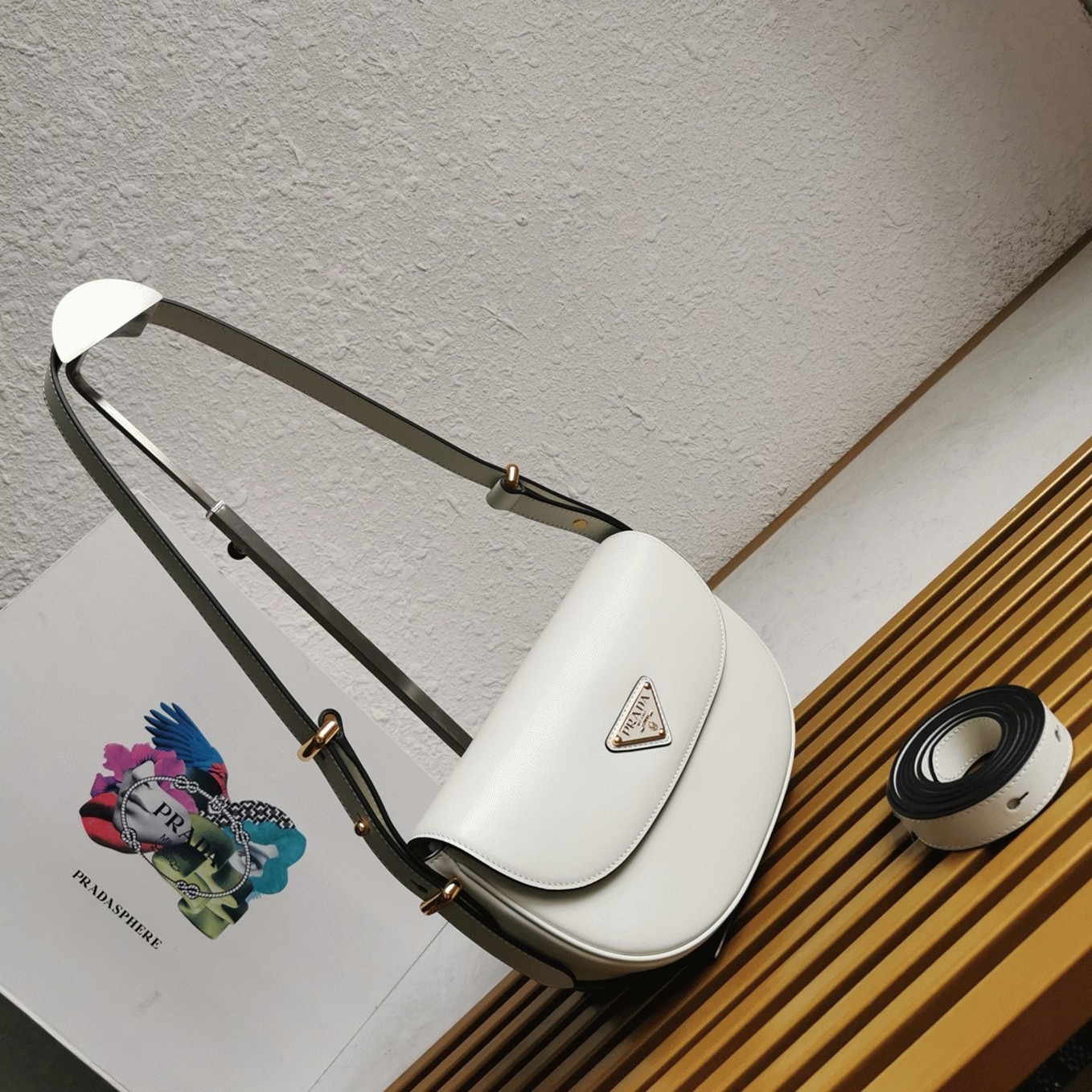 White Prada Arque Shoulder Bag with Flap Replica