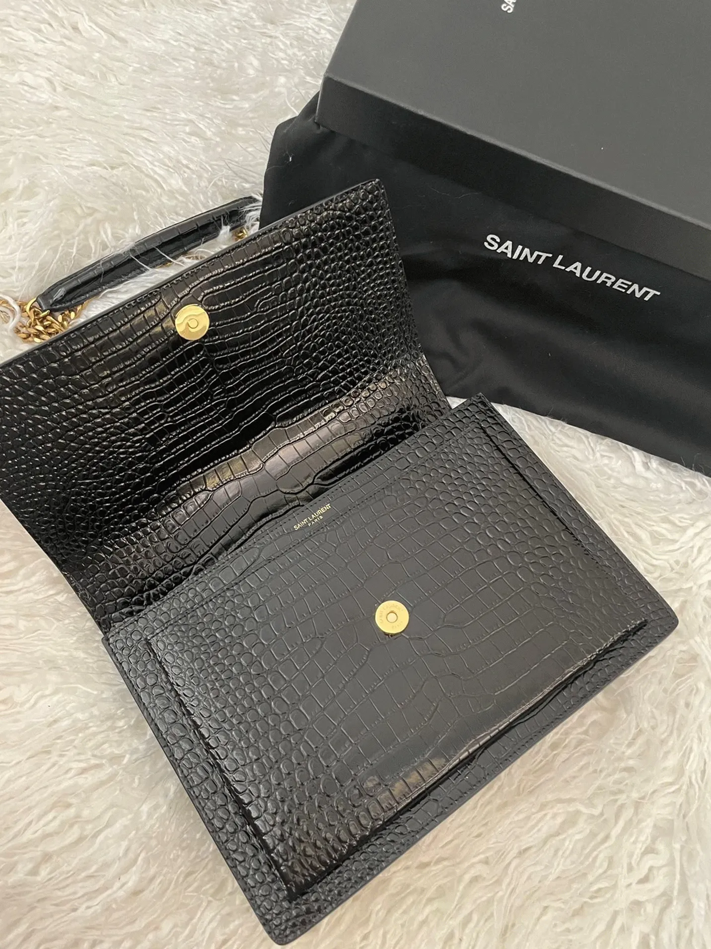 Black Croc-Embossed Leather YSL Sunset Medium Chain Replica Bag