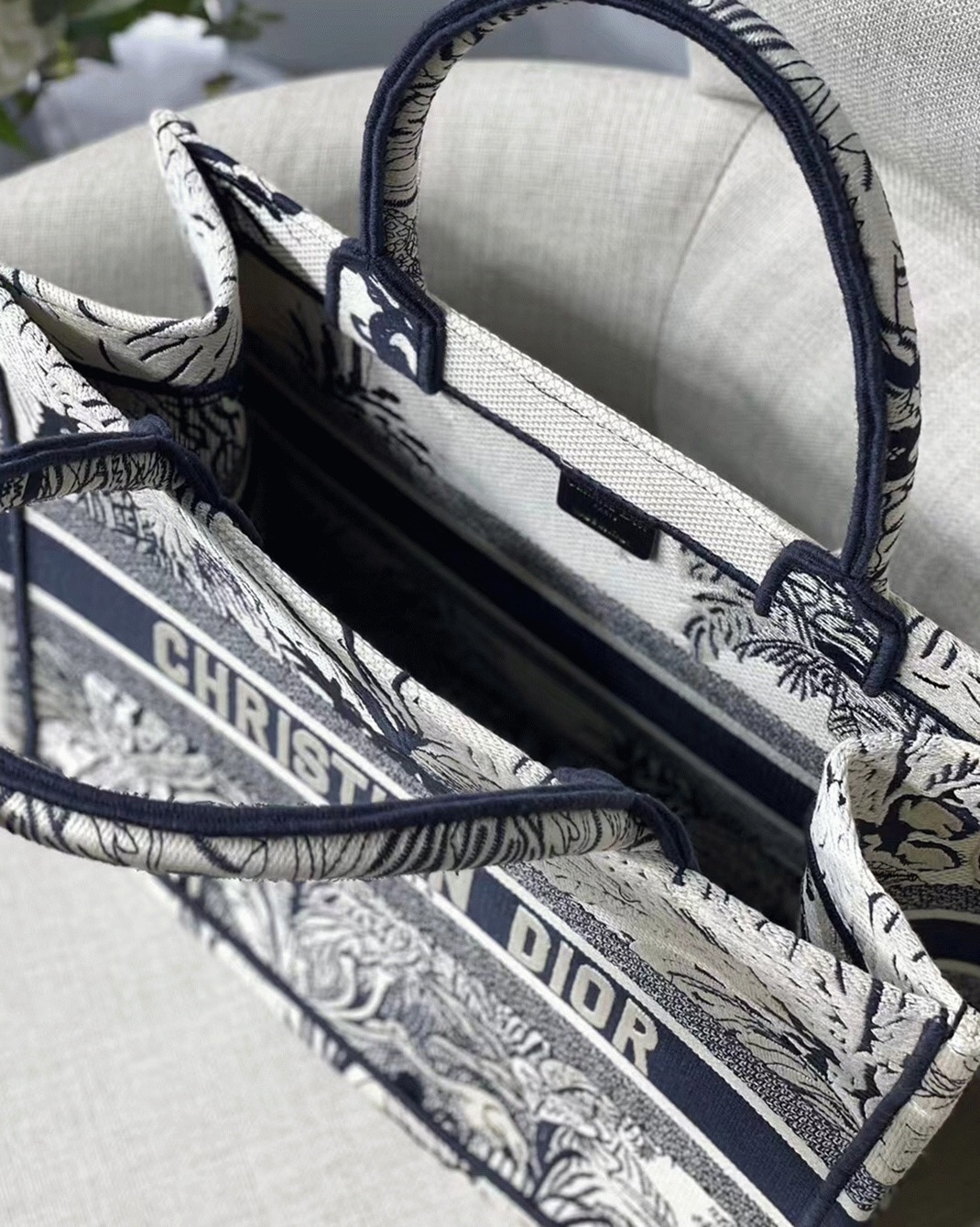 Dior Medium Book Tote Bag Fake in Blue Toile de Jouy Palms Embroidery