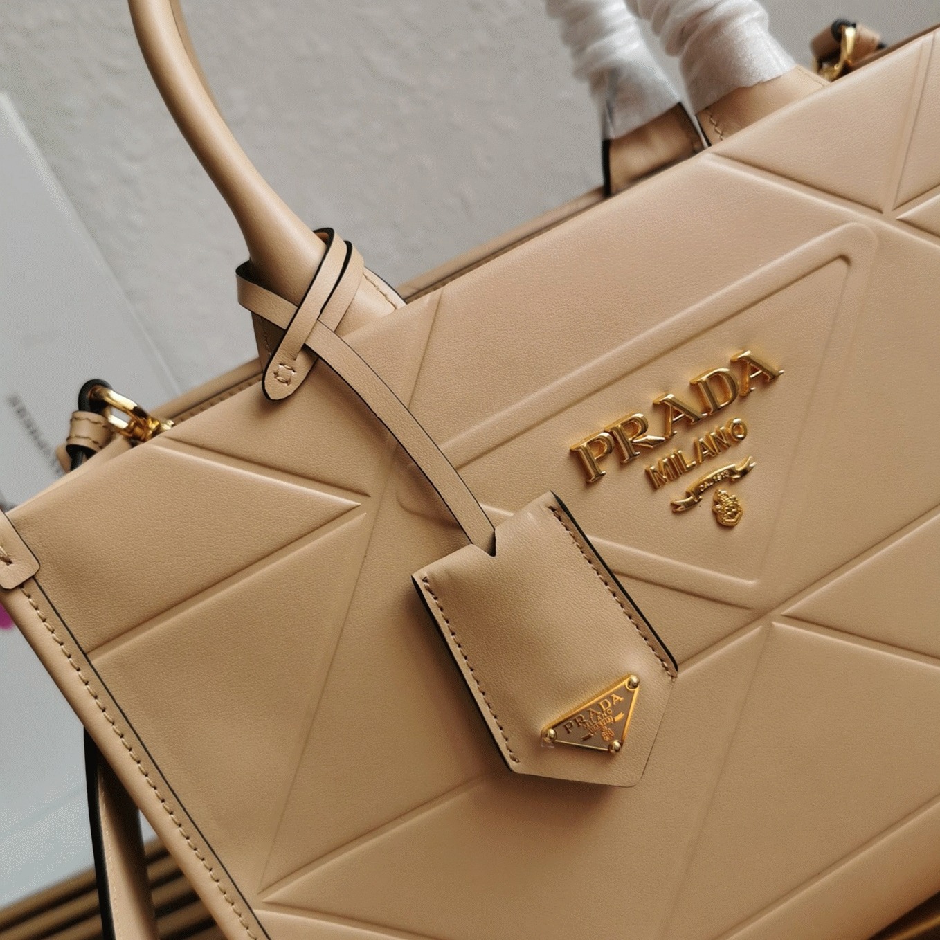 Prada Symbole Small Bag Imitation with Topstitching in Beige