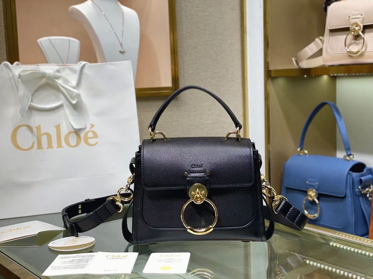 Top Quality Replica Chloe Mini Tess Day Bag In Black Grained Leather