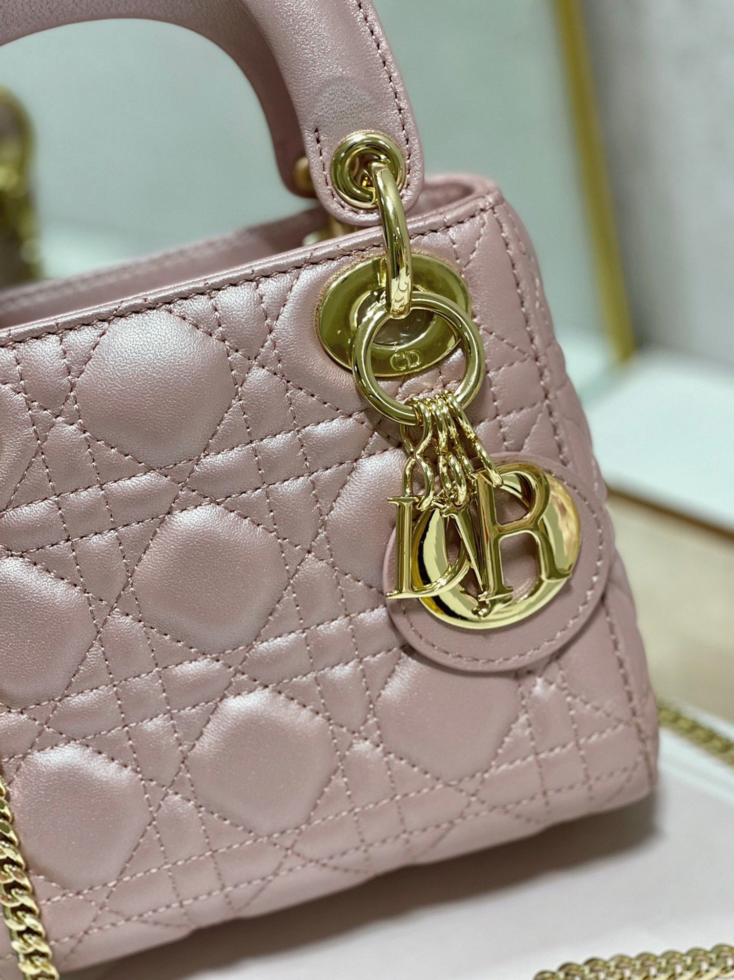 Dior Lady Dior Mini Bag Fake in Lotus Pearlescent Lambskin