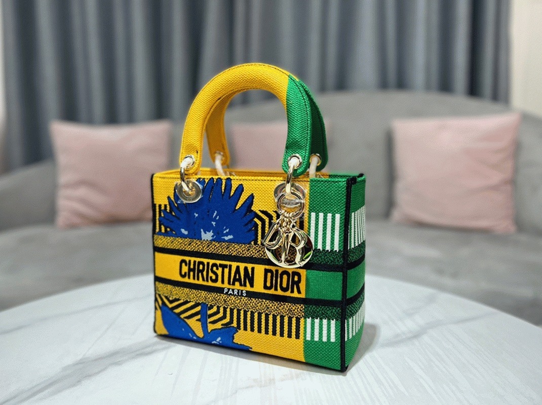 Dior Lady D-Lite Medium Bag Fake in Yellow   Green D-Flower Pop Embroidery