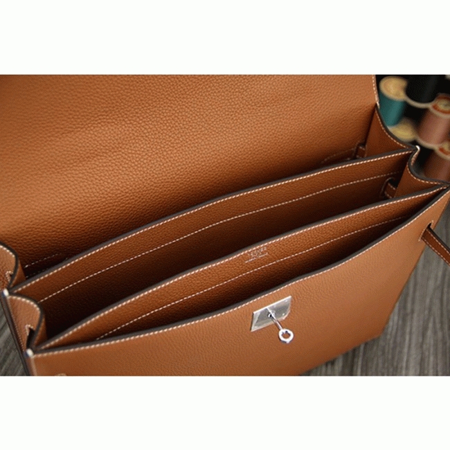 Brown Calf Leather Fake Hermes Kelly Depeche 38cm Briefcase